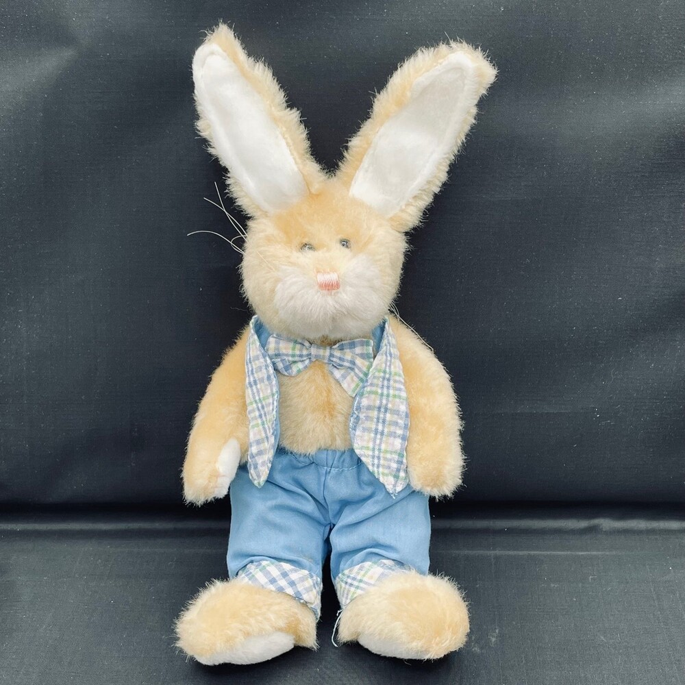 Vintage Plush Bunny Rabbit in Blue Plaid Outfit Vest & Bow Tie Easter